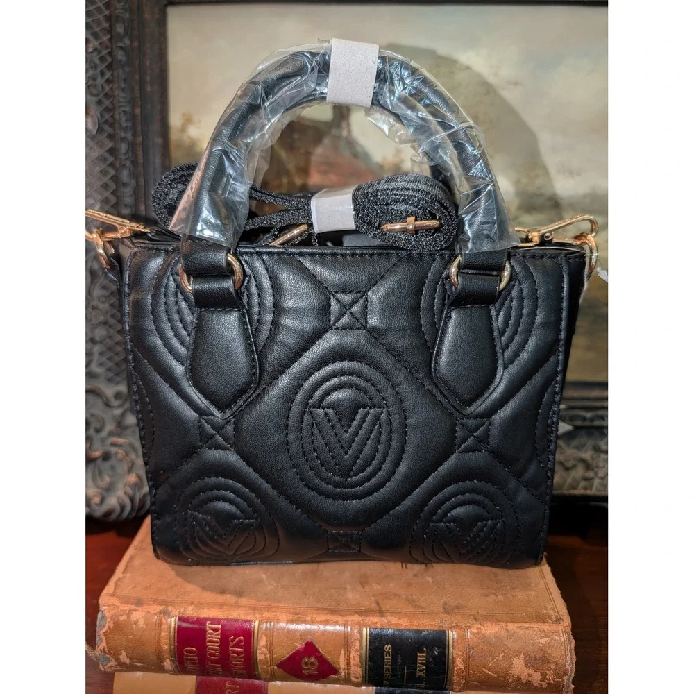 Valentino Orlandi Black Vegan Leather Quilted Satchel Crossbody Bag NWT